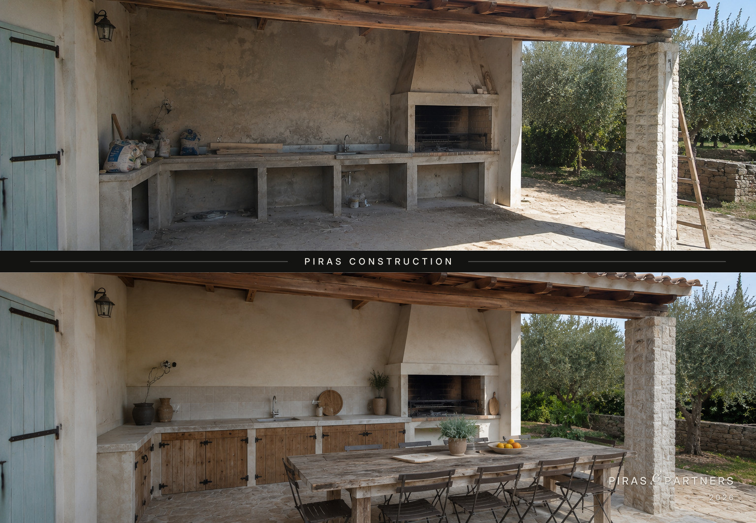 Cuisine d’été sous auvent : vue avant et après travaux