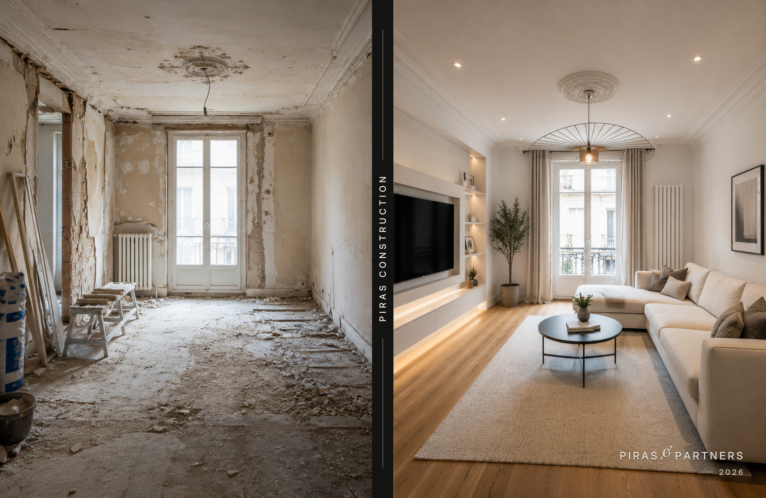 Rénovation complète d’un séjour : vue avant et après travaux